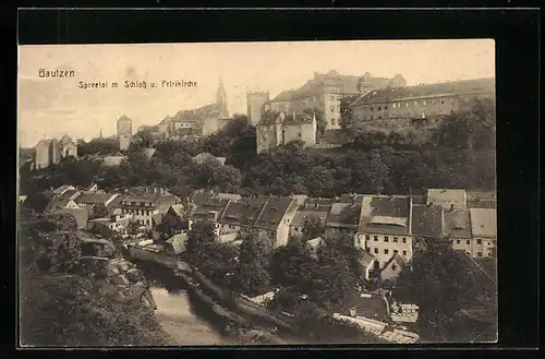 AK Bautzen, Spreetal mit Schloss und Petrikirche