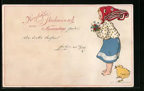 Künstler-AK Gertrud Caspari: Kleines Mädchen mit rotem Kopftuch und Küken