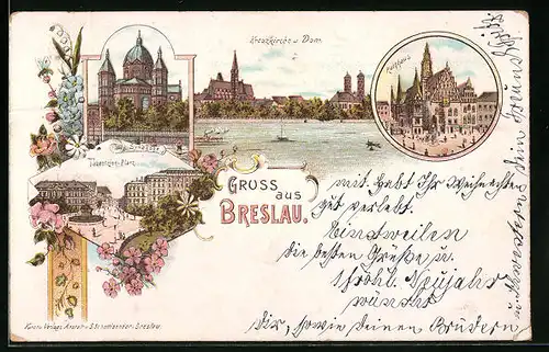 Lithographie Breslau, Synagoge, Tauentzien-Platz, Kreuzkirche und Dom