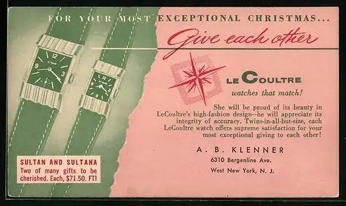 AK New York, Klenner, Bergenline Ave., Le Coulte Uhrenreklame für Sultan und Sultana