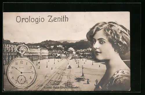 Künstler-AK Torino, Piazza Vittorio Emanuele I., Uhrenreklame für Zenith mit junger Schönheit