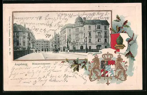 Passepartout-Lithographie Augsburg, Blick in die Bismarckstrasse, Wappen