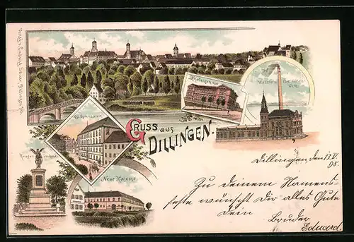 Lithographie Dillingen, Neue Kaserne, Wasser- und Electricitäts-Werk, Knabenseminar