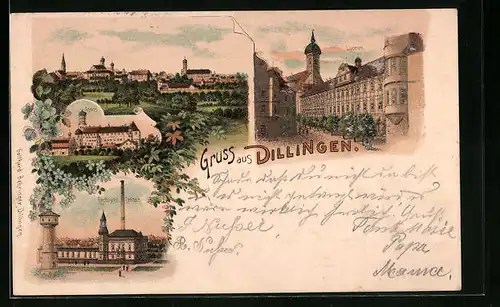 Lithographie Dillingen, Electrische Centrale, Lyceum, Schloss