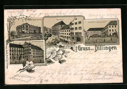 Lithographie Dillingen, Gymnasium, Bischöfl. Knabenseminar, Priesterseminar