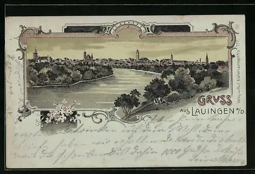 Lithographie Lauingen a. D., Blick die Donau entlang zur Stadt