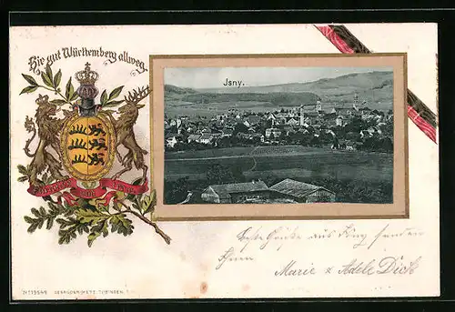Passepartout-Lithographie Isny, Panoramablick auf die Ortschaft, Wappen
