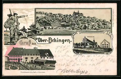 Lithographie Ober-Elchingen, Klosterbrauerei und Gasthof von J. Eisenlauer, Klosterkirche