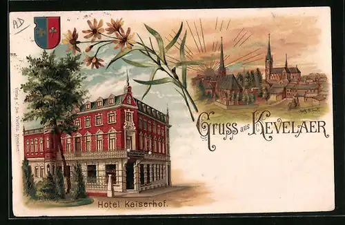 Lithographie Kevelaer, Hotel Kaiserhof, Ortspartie