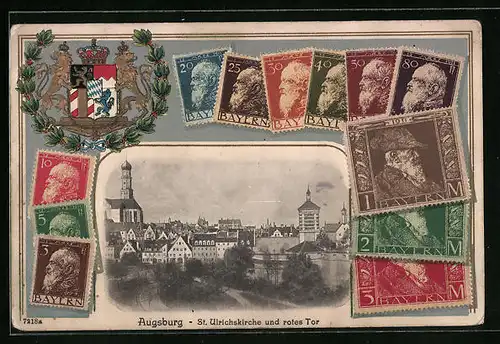 Präge-AK Augsburg, St. Ulrichskirche und rotes Tor, Bayr. Briefmarken