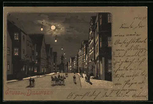 Mondschein-Lithographie Dillingen, Königsstrasse bei Nacht