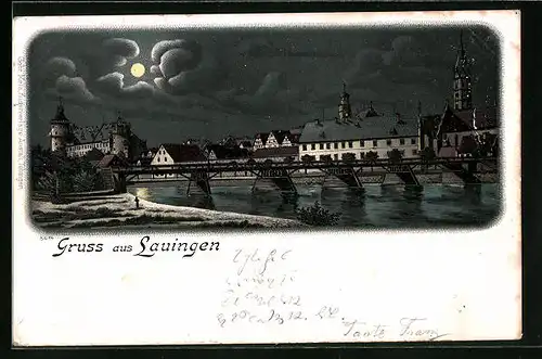 Mondschein-Lithographie Lauingen, Panorama mit Brücke