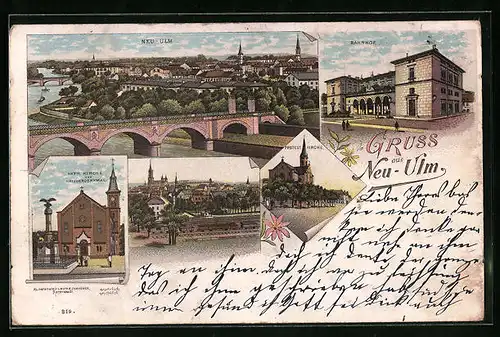 Lithographie Neu-Ulm, Bahnhof, Protest. Kirche, Totalansicht