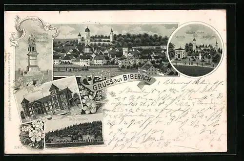 Lithographie Biberach, Turnhalle, Bad Jordan, Weisser Thurm mit Theater