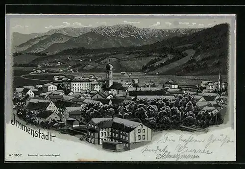 Mondschein-Lithographie Immenstadt, Totalansicht mit Gebirge