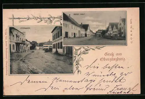 AK Obergünzburg, Strassenpartie der Steingasse, Oberer Markt
