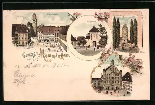 Lithographie Memmingen, Marktplatz, Krugsthor, Rathaus