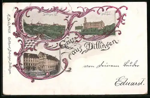 Goldfenster-AK Dillingen, Priester-Seminar, Schloss, Totalansicht