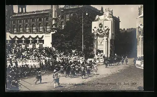 AK Wien, Kaiser-Jubiläum, Huldigungs-Festzug 12. Juni 1908, Ehrentribüne, Musketiere