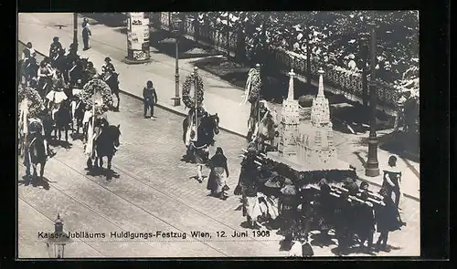 AK Wien, Kaiser-Jubiläum, Huldigungs-Festzug 12. Juni 1908, Träger mit Modell einer Kirche