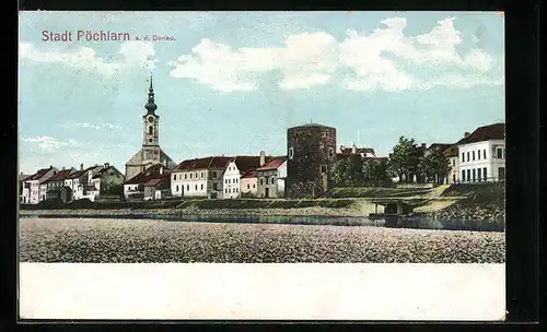 AK Pöchlarn, Blick zum Ort über die Donau hinweg