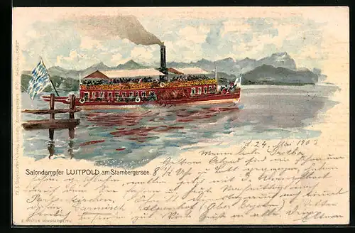 Lithographie Salondampfer Luitpold am Starnberger See