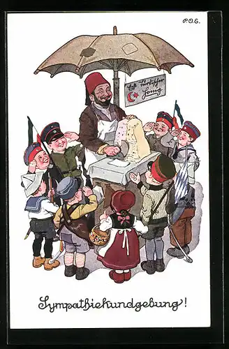 Künstler-AK P. O. Engelhard (P.O.E.): Kinder in verschiedenen Uniformen kaufen an türkischem Stand ein
