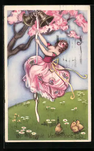 Künstler-AK Carlo Chiostri: Tänzerin am Seil in rosanem Kleid