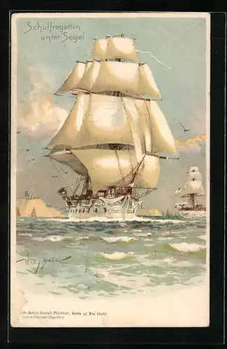 Künstler-AK Willy Stoewer: Schulfregatten unter Segel