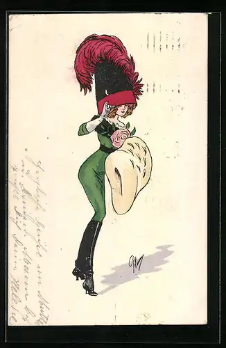 Künstler-AK Plum: Frau in engem grünem Kleid mit impostantem Federhut