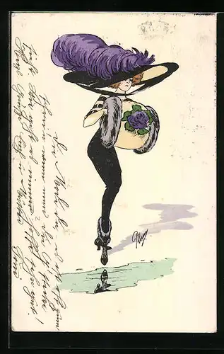 Künstler-AK Plum: Dame in engem Kleid mit grossem extravagantem Hut