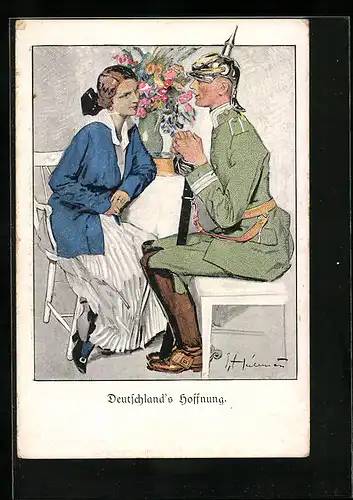 Künstler-AK Ernst Heilemann: Deutschlands Hoffnung, Soldat im Gespräch mit hübscher Dame