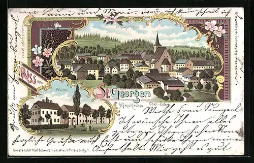 Lithographie St. Georgen, Pfarrhof, Totalansicht