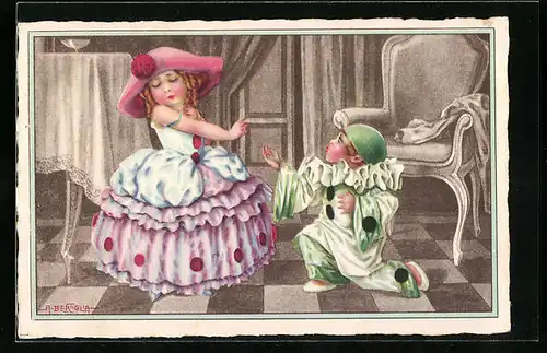 Künstler-AK A. Bertiglia: Kleiner Harlekin auf Knien vor Mädchen