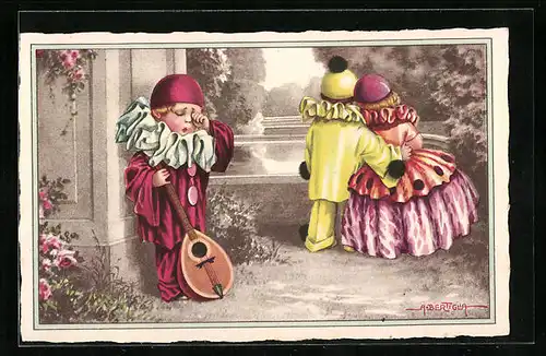 Künstler-AK A. Bertiglia: Pierrot mit Pierrette im Arm und weinender Harlekin mit Laute