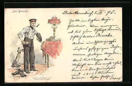 Künstler-AK Carl Becker: Der Bursche, Soldat putzt Stiefel