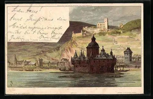 Künstler-AK Carl Biese: Caub a. Rhn., Uferpartie mit Pfalz