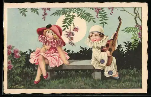Künstler-AK A. Bertiglia: Harlekin mit Gitarre und Frau auf Bank sitzend