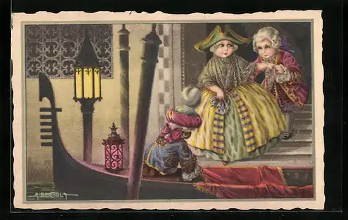 Künstler-AK A. Bertiglia: Frau in altertümlicher Kleidung steigt in Gondel