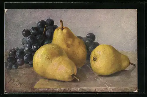 Künstler-AK M. Billing: Stillleben mit Birnen und dunklen Trauben