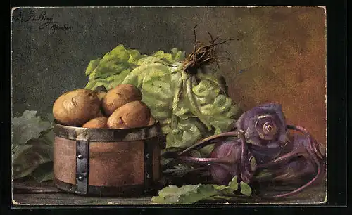 Künstler-AK M. Billing: Stillleben mit Salat, Kartoffeln und Kohlrabi