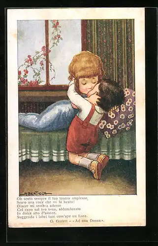 Künstler-AK A. Bertiglia: Kleines Paar beim ersten Kuss