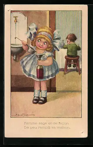 Künstler-AK A. Bertiglia: Mädchen verdünnt Wein mit Wasser