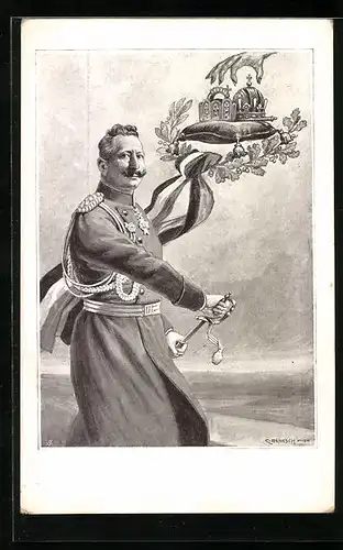 Künstler-AK C. Benesch: Kaiser Wilhelm II. zieht seinen Degen gegen gierige nach Kronen greifende Klauenhand