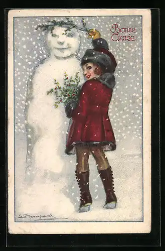 Künstler-AK Sergio Bompard: Mädchen schmückt einen Schneemann