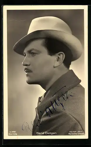 AK Schauspieler René Deltgen mit Moustache und Hut, Autograph