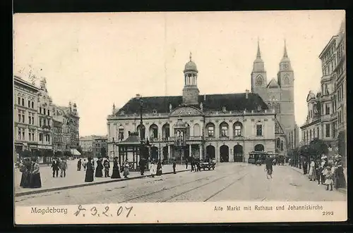 AK Magdeburg, Alter Markt mit Rathaus und Johanniskirche