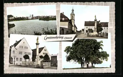 AK Grossmehring /Donau, Denkmal am Marktplatz, Panorama vom See aus
