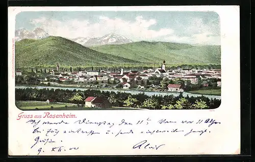 Künstler-AK Rosenheim, Totalansicht aus der Vogelschau