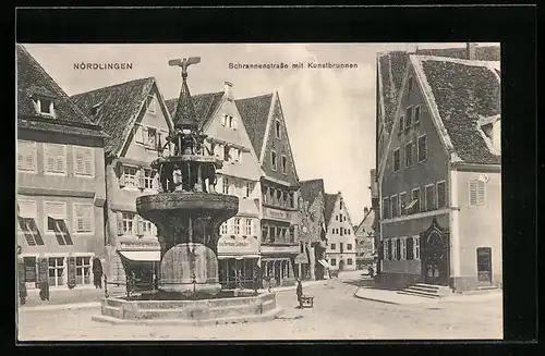 AK Nördlingen, Schrannenstrasse mit Kunstbrunnen